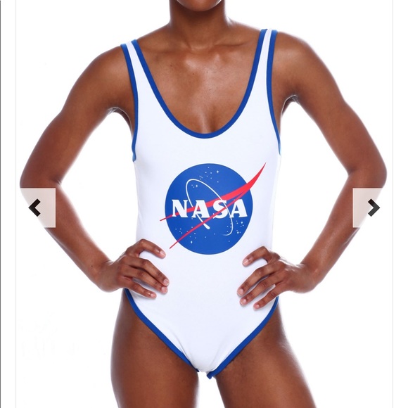 Chemistry Tops - NASA Tank Bodysuit White Blue Graphic Medium
